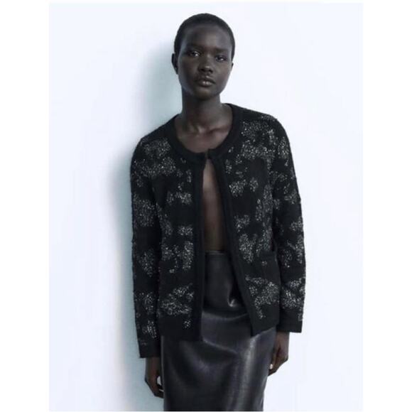ZARA Sequin Metallic Thread Knit Cardigan Sweater, Black Silver Holiday Party S - Picture 1 of 10